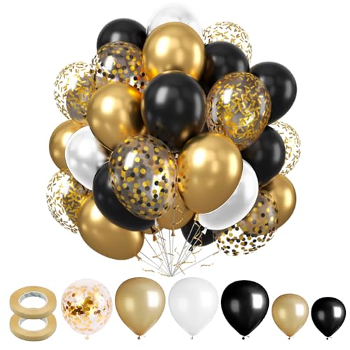 BORISCA 80 Piezas Globos De Cumpleaños Dorados y Negrocon 2 Cintas, 2 Tamaños de Globos Dorados y...