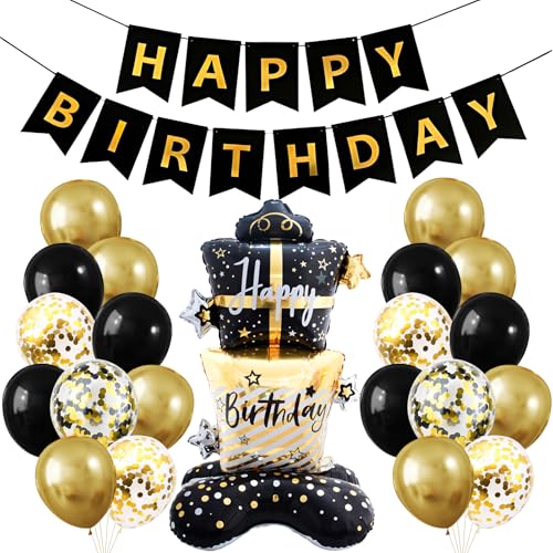 32 Piezas Decoraciones de Cumpleaños Oro Negro Set, Globos de Cumpleaños Oro Negro, mit Pancarta...