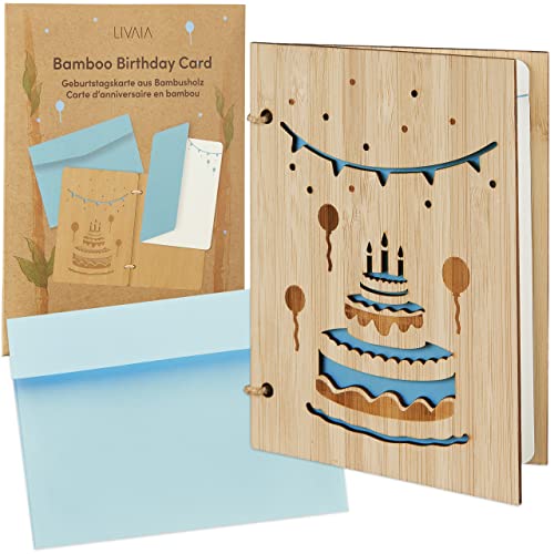 LIVAIA Felicitación de cumpleaños original: Tarjeta de madera con tarjetón de papel y sobre - Elegante felicitación de madera para mujer o para hombre