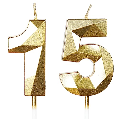 Vela Número 15 Dorada para Cumpleaños - Decoración de Pasteles y Tartas para Fiestas, Bodas y...