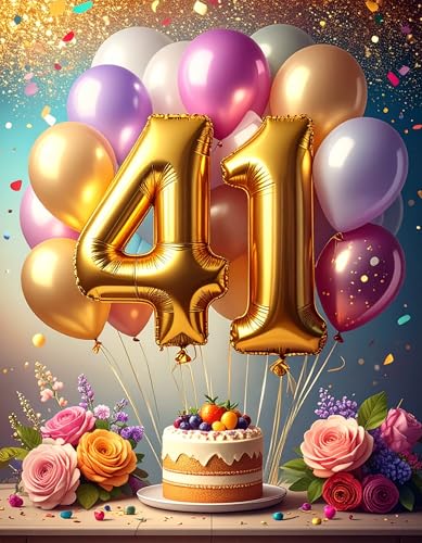 Genérico Tarjeta 41 Cumpleaños y Aniversario con Globos y Flores - Felicitación 41 Años para...