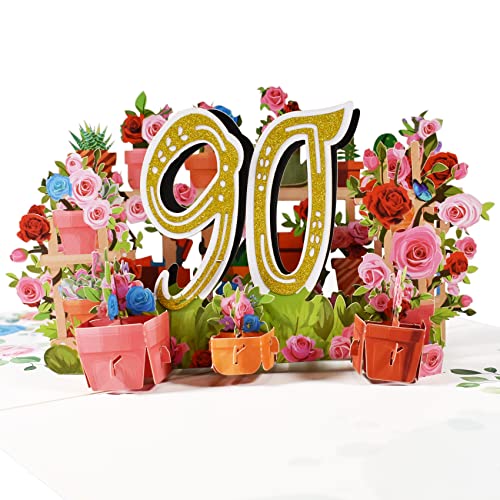 Magic Ants Tarjeta de aniversario, tarjeta de cumpleaños, aniversario de boda, tarjeta de felicitación 3D, tarjeta de cumpleaños de 90 años, tarjeta de felicitación con ramo de rosas (90)