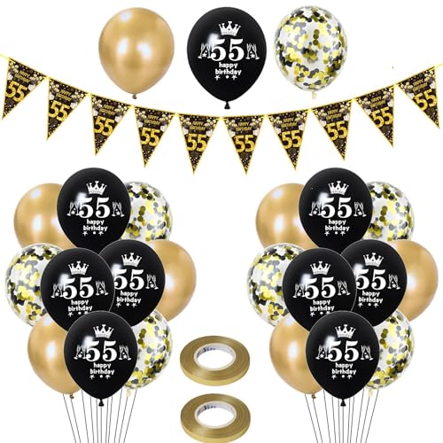 globos 55 años cumpleaños mujer hombre decoración, 23 piezas de Negros globos de látex de oro...