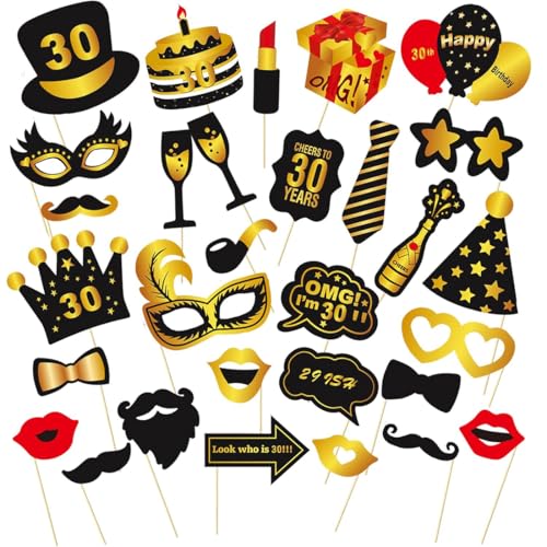 30 Piezas Accesorios Photocall para 30 Cumpleaños, Decoración 30 Cumpleaños Negro Dorado,...