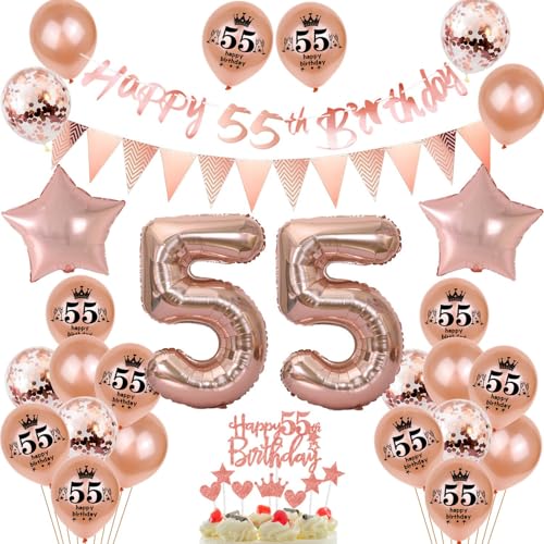 Decoración 55 años cumpleaños mujer, oro rosa banderola 55 años cumpleaños guirnalda globos 55...