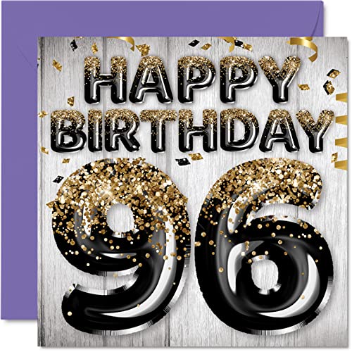 Tarjeta de cumpleaños 96 para hombres, globos negros y dorados con purpurina, tarjetas de feliz...
