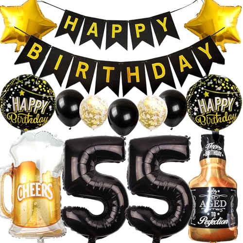 Ouceanwin Decoración Cumpleaños 55 años Hombre Mujer, Globos 55 Cumpleaños Oro Negro, Foil...