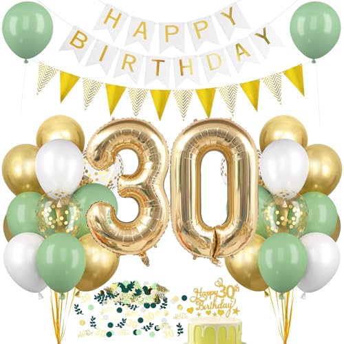 Montrestar Decoración Cumpleaños 30 Años Oro Verde, Globo 30 con Confeti, Guirnalda Happy...