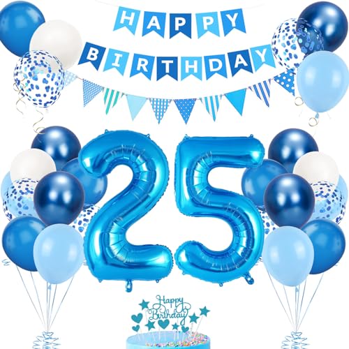 Decoración Cumpleaños 25 Años Azul para Hombre y Mujer - Globos y Accesorios para Fiesta