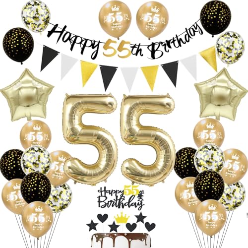 Decoración 55 años cumpleaños hombre mujer, banderola negra 55 años cumpleaños guirnalda...