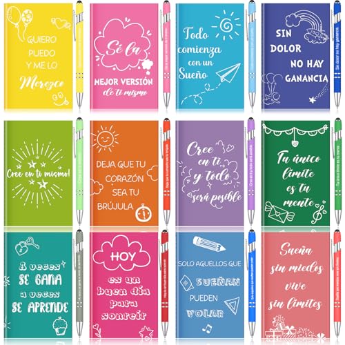 Clabby 12 Mini Cuadernos de Notas y 12 Bolígrafos 2 en 1 con Frases Motivadoras en Español, Regalo...