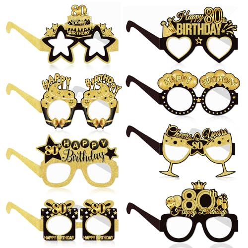 Zhiaek 8 Piezas Papel Gafas para Fiesta de Cumpleaños 80 Photocall Cumpleaños 80 Años Gafas de...