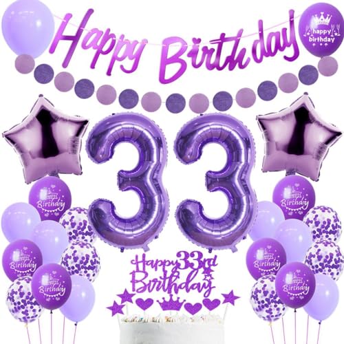 Decoracion Cumpleaños 33 Años Mujer, Topper Tarta 33 Años Cumpleaños Morado, Decoracion Fiesta...