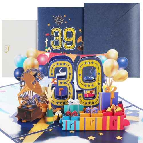 Tarjeta de cumpleaños 39 con sobre, tarjeta 3D desplegable 39 cumpleaños, tarjeta de felicitación de cumpleaños para niñas, chicos, amigos, romance, tarjeta de regalo