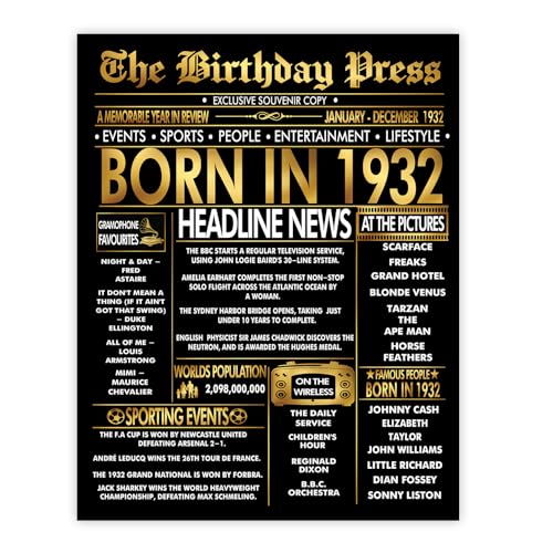Stuff4 Póster dorado de cumpleaños número 93 sin marco, periódico dorado nacido en 1932, feliz...