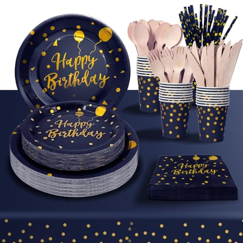 PYAILI Cumpleaños Vajilla de Fiesta,193 Pcs Oro Azul Oscuro Vajilla Set Platos Fiesta Tazas...