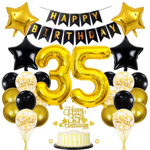 Jxuzh Decoraciones de cumpleaños para 35 años, color negro y dorado, decoración para hombres y...