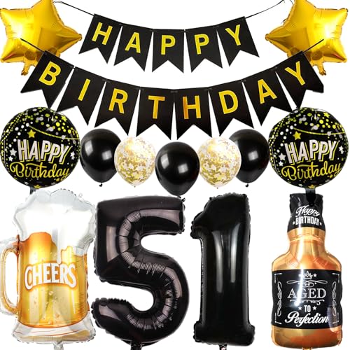 Ouceanwin Decoración Cumpleaños 51 años Hombre Mujer, Globos 51 Cumpleaños Oro Negro, Foil...