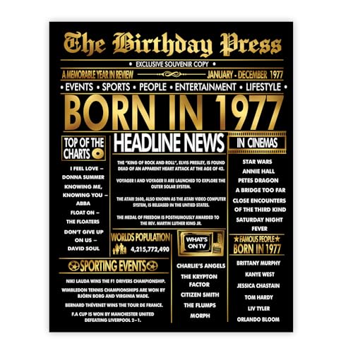 Stuff4 Póster dorado de 48 cumpleaños sin marco, periódico dorado nacido en 1977, feliz...