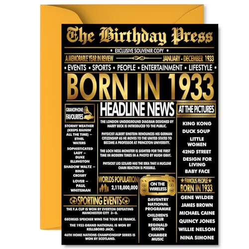 Stuff4 Tarjeta dorada de 92 cumpleaños para hombres y mujeres, periódico negro y dorado nacido en...