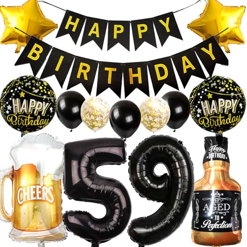 Ouceanwin Decoración Cumpleaños 59 años Hombre Mujer, Globos 59 Cumpleaños Oro Negro, Foil...