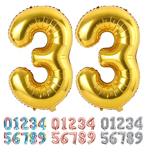 Ponmoo Foil Globo Número 33 Dorado, Gigante Numeros 0 1 2 3 4 5 6 7 8 9 10-19 20-29 30-39 40 50 60...