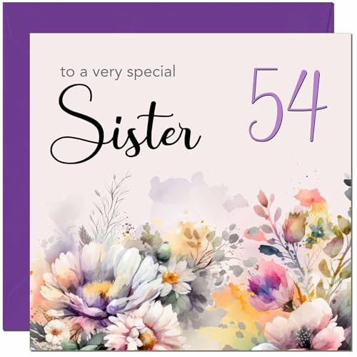 Tarjeta de cumpleaños para hermana número 54, tarjeta de cumpleaños floral morada para 54 años,...