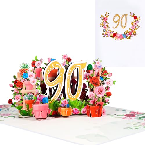 Tarjeta desplegable de 90 cumpleaños, diseño de flores en 3D, tarjeta de 90 años para madres,...