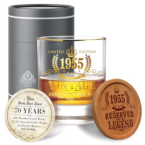 CROWNLY CRYSTAL® 1955 Regalo Hombre 70 Años Vaso Whisky Regalos Originales Para Hombre Regalos...