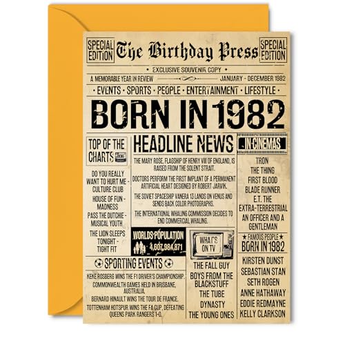 Tarjeta de cumpleaños número 43 para hombres y mujeres – Bday Press Newspaper 1982 – Tarjetas...