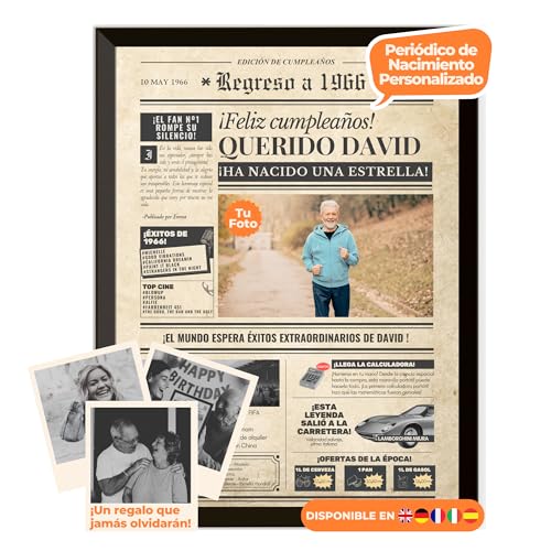 Periódico de cumpleaños 1966 – póster personalizado año nacimiento con foto, nombre y mensaje...
