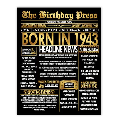 Stuff4 Póster dorado de cumpleaños número 82 sin marco, periódico dorado nacido en 1943, feliz...