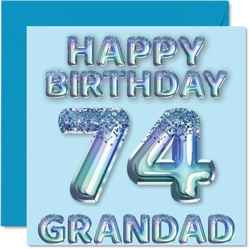 Tarjeta de cumpleaños número 74 para abuelo, globos de fiesta con purpurina azul, tarjetas de...