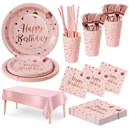 Nkaiso Cumpleaños Vajilla de Fiesta, 20 invitados Rosa y Rosado Dorados Juego de Decoraciones Para...