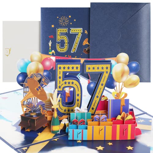 Tarjeta de 57º cumpleaños con sobre, tarjeta 3D desplegable para 57 cumpleaños, tarjeta de cumpleaños para niñas, chicos, amigos, romance, tarjeta de regalo