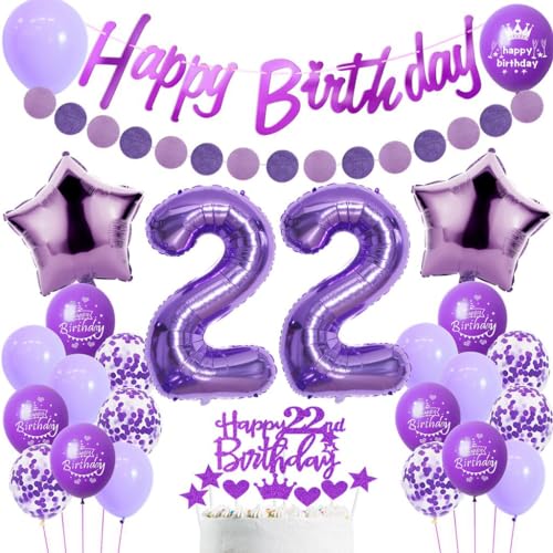 Decoracion Cumpleaños 22 Años Mujer, Topper Tarta 22 Años Cumpleaños Morado, Decoracion Fiesta...