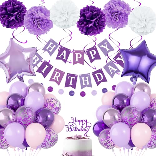 Decoraciones de cumpleaños moradas para mujeres y niñas, pompones de globos de pancarta,...