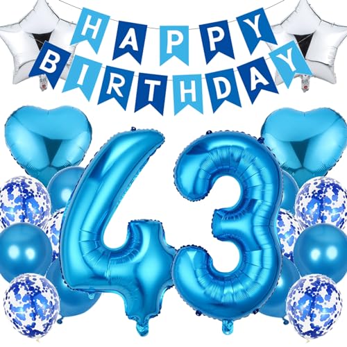 Feelairy Decoracion Cumpleaños 43 años Hombre, Azul Globos 43 Cumpleaños Hombre, Globos de...
