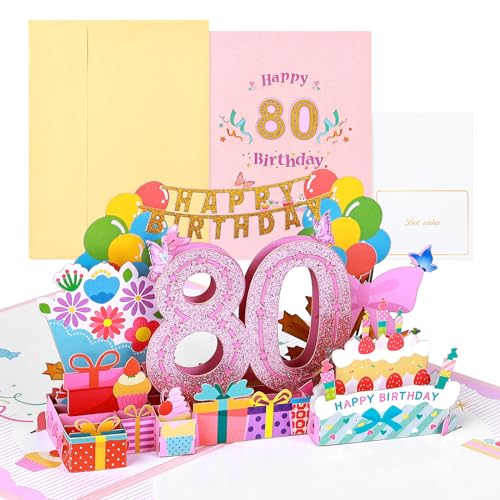 joyoldelf Tarjeta Cumpleaños Mujer 80 Años - 3D Tarjeta Felicitacion, Regalo de Cumpleaños...