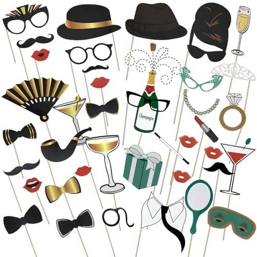 HANIUTTY 40 Piezas Photo Booth Props, Atrezzo Photocall Boda y Cumpleaños, Accesorios para...