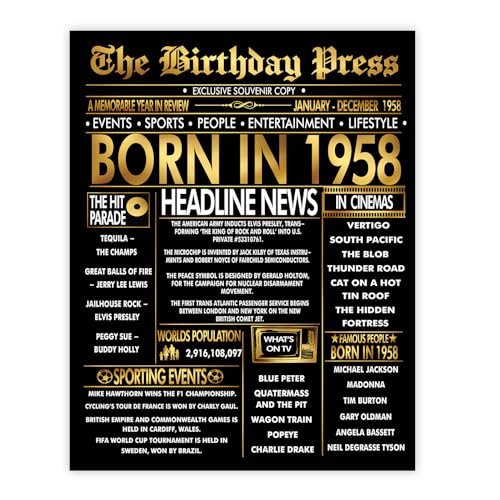 Stuff4 Póster dorado de 67 cumpleaños sin marco, periódico dorado nacido en 1958, feliz...