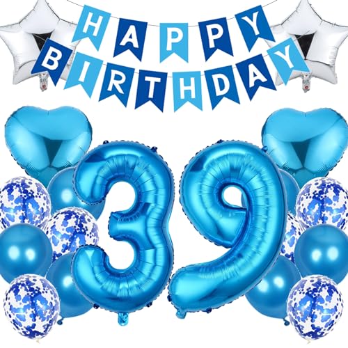 Feelairy Decoracion Cumpleaños 39 años Hombre, Azul Globos 39 Cumpleaños Hombre, Globos de...