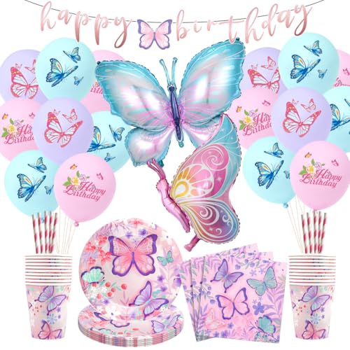 Juego de Decoración de Cumpleaños Mariposa, 99 Pcs Mariposa Vajilla de Fiesta con Globo, Platos...