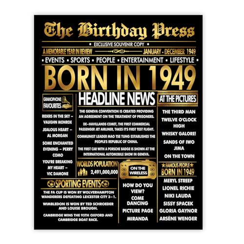 Stuff4 Póster dorado de 76 cumpleaños sin marco, periódico dorado nacido en 1949, feliz...
