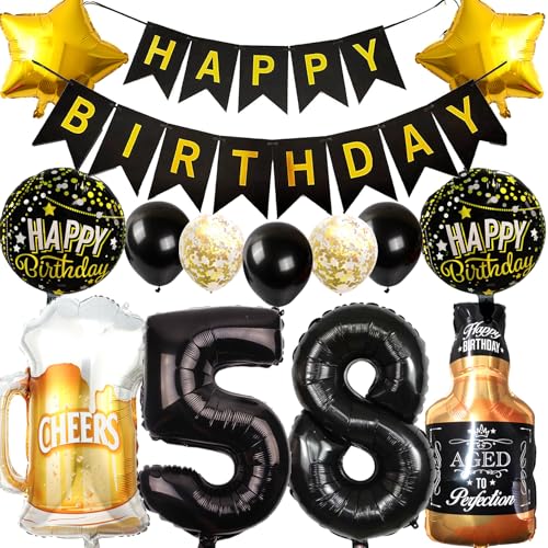 Ouceanwin Decoración Cumpleaños 58 años Hombre Mujer, Globos 58 Cumpleaños Oro Negro, Foil...