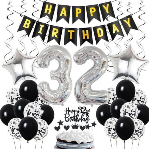 Decoración 32 Cumpleaños Hombre - Globos Negro y Plata para Fiesta de 32 Años