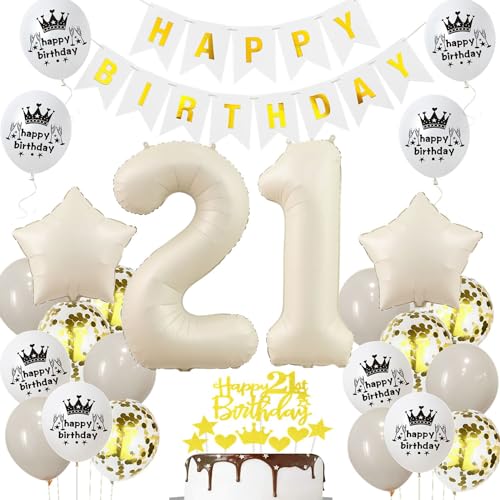 Globos 21 cumpleaños crema, Decoración 21 cumpleaños mujer hombre, 21 Años Decoracion...