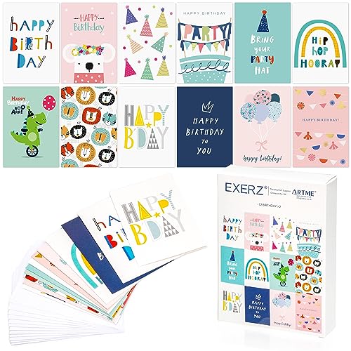 Exerz Paquete múltiple de 24 tarjetas de felicitación surtidas para cumpleaños – 12 diseños x2...