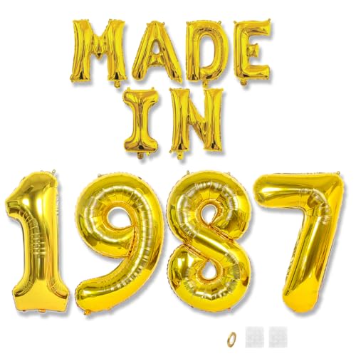 Jurxy Decoración de globos de cumpleaños número 38, color dorado, fabricado en 1987, letras de...