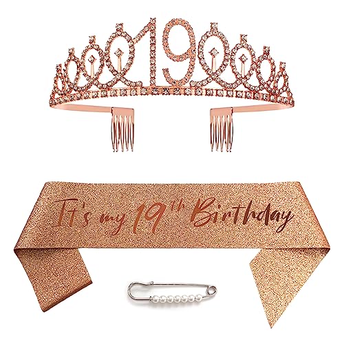 Tiara y coronas de 19 cumpleaños para niñas, tiara de oro rosa, tiara de princesa, tiara de...